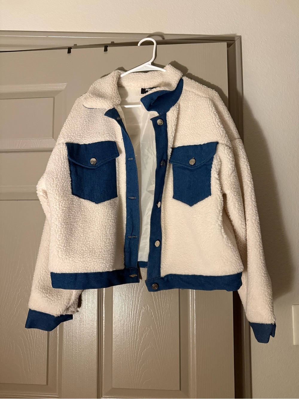 Cream Sherpa Jacket with Blue Trim